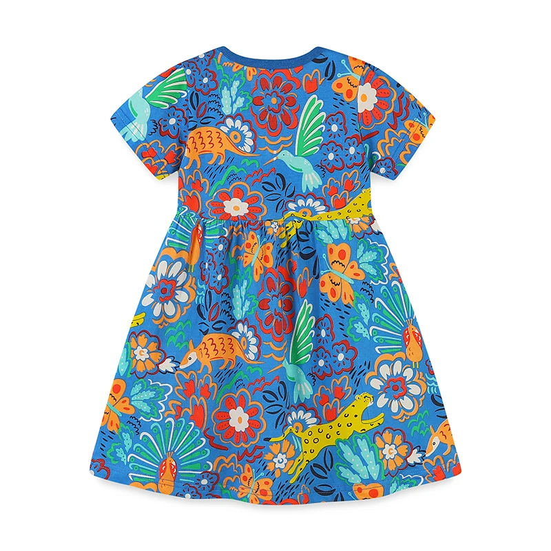 Single piece summer girls short sleeved dress casual cartoon jungle animal print princess dress 2-7Y