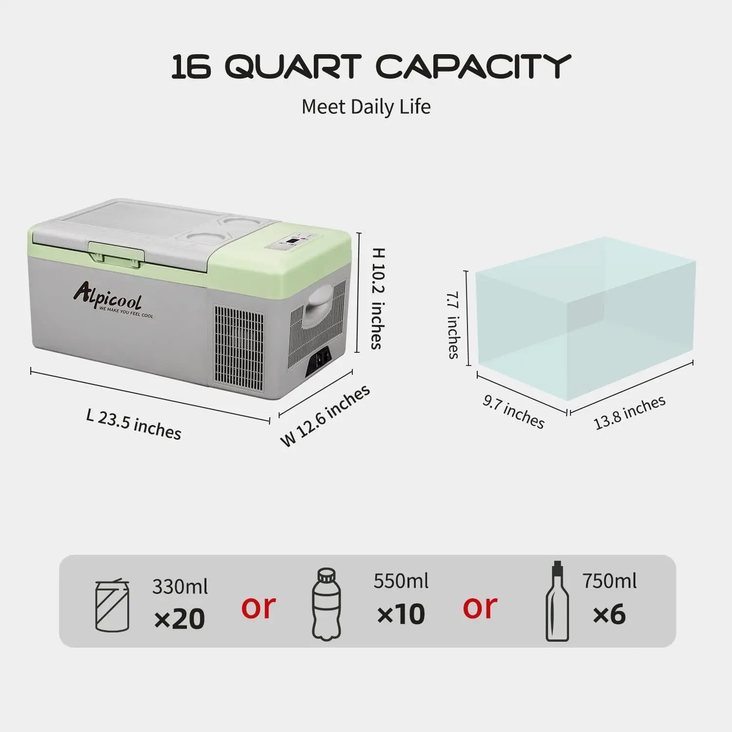 Portable Fridge 12 Volt Car Refrigerator 16 Quart Freezer for Fishing, Camping, RV, Truck, Boat-12/24V DC