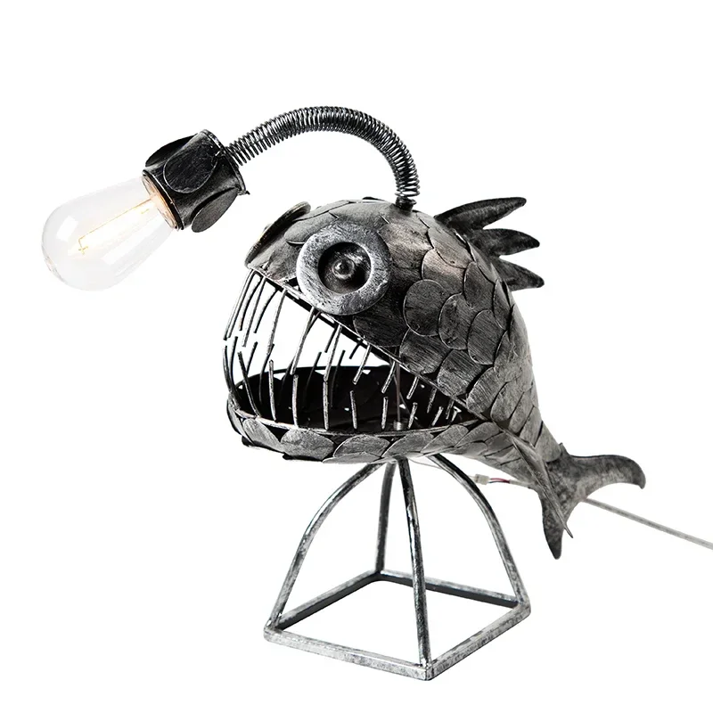 Vintage Angler Fish Desk Lamp Shark Shape Night Light USB Metal Art Lantern Ornament Bedroom Home Table Decoration for Gift