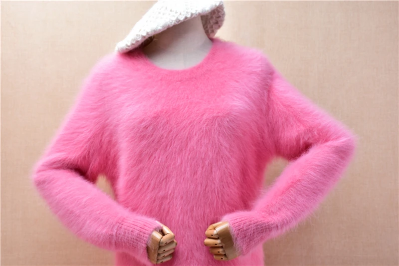 Women Mujer Autumn Winter Thick Warm Pink Hairy Mink Cashmere Knitted O-Neck Long Sleeves Loose Pullover Angora Fur Sweater Pull