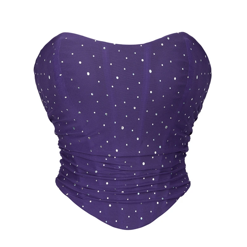 Women Corset Summer Crop Top Sexy Strapless Off Shoulder Sequin Breathable Mesh Purple Bustier Tops Gothic Korset lingerie