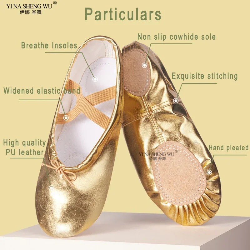 Chaussures de danse en cuir PU à semelle souple pour enfants, chaussures en toile griffe de chat, chaussures de danse de ballet pour femmes, chaussures de yoga, or, argent, vente en gros