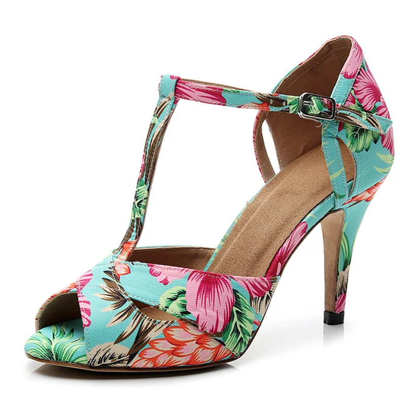 Zapatos de baile latino con estampado de flores para mujer, calzado de ante con manchas de seda, suela de goma, tacones delgados cubanos para Jazz y Salsa, Stiletto con dedos abiertos