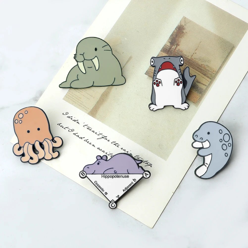 Cute Marine Animals Lapel Pins Brooch Standing Shark Cartoon Walruses Jellyfish Dolphin Enamel Badge Funny Jewelry Gift for Kids