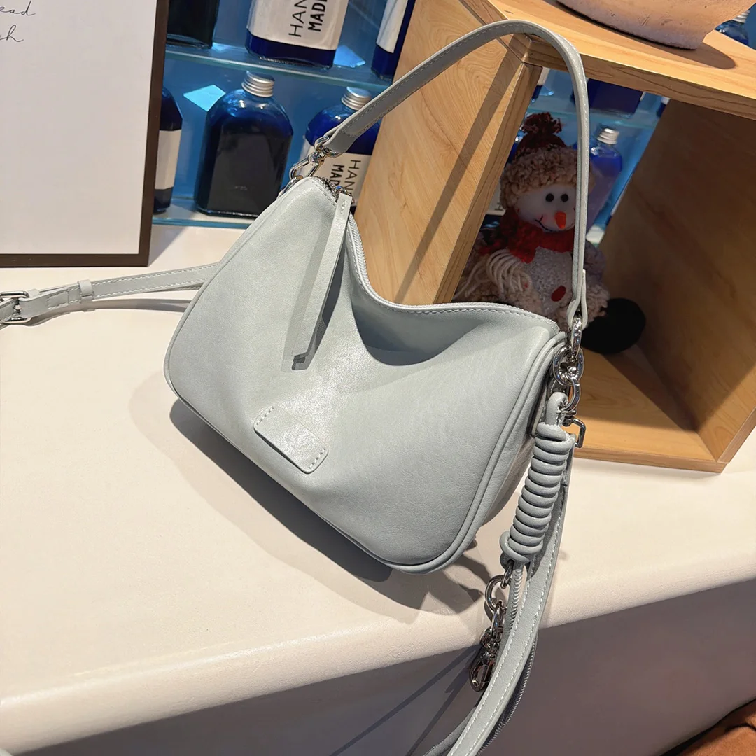 Mendy Genuine Leather Saddle Bag Women Matte Finish Ruched Handle Chain Strap Zipper Closure Minimalist Daily Commute Original