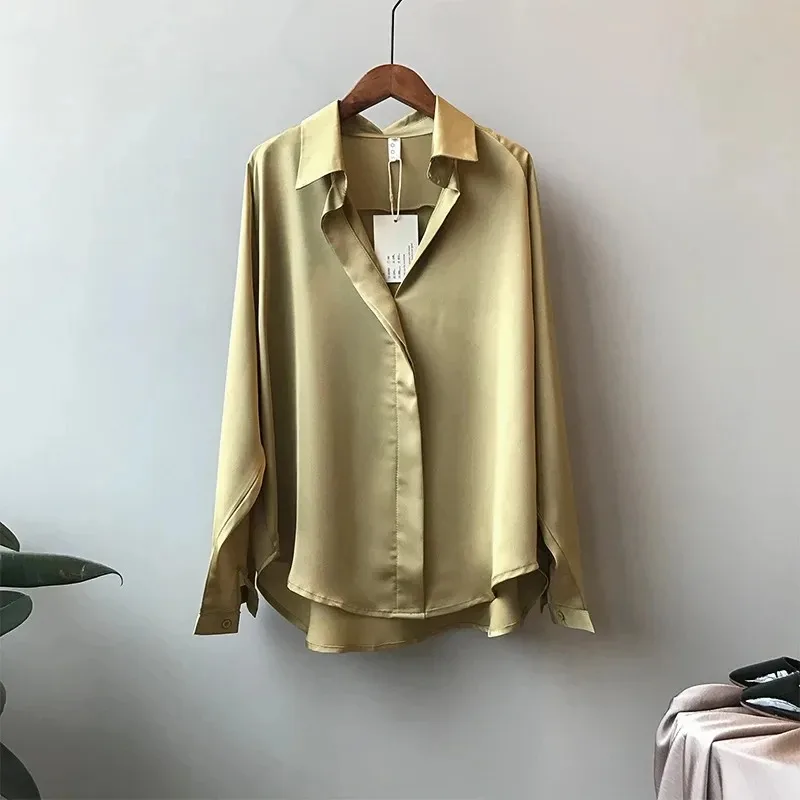 Vintage V Neck Satin Blouse for Women, Long Sleeves, Casual Fashion Tops, Elegant Shirts, Sexy, Spring, Summer, 5273