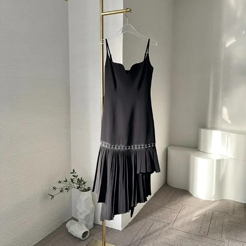 

Women's Black Removable Suspender Irregular Hem Ruched Sleevless Midi Woman Dress for 2024 New Arrivals Summer Holiday