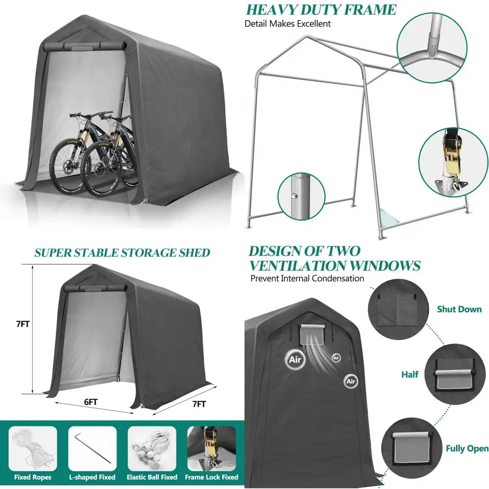 

Сверхмощный навес для хранения на открытом воздухе — закаленные окна размером 6 x 7 футов, вентилируемый, портативный гаражный укрытие для хранения вещей