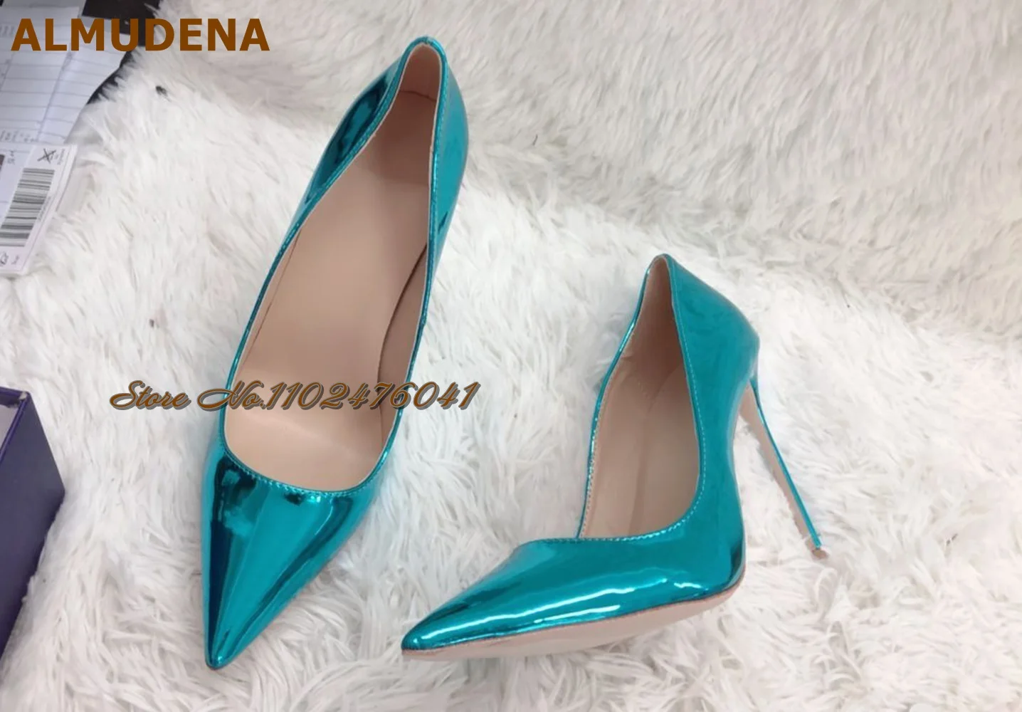 ALMUDENA Blue-green Mirrow Leather Pointed Toe Shoes 12cm Thin High Heels Pointed Toe Shallow Dress Pumps Luxury Bride Footwear