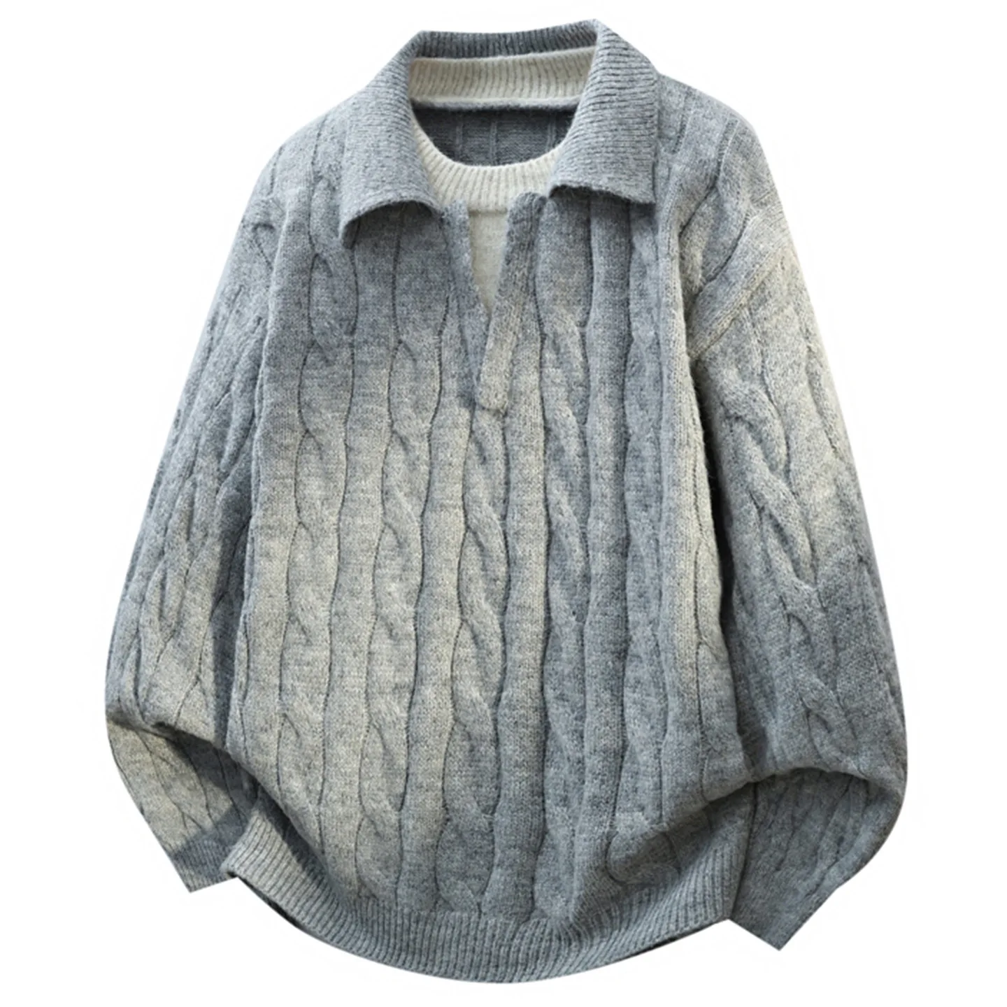 Autumn Winter Fake Two-Piece V-Neck Cable Knit Polo Sweater Men's Business Casual Outerwear