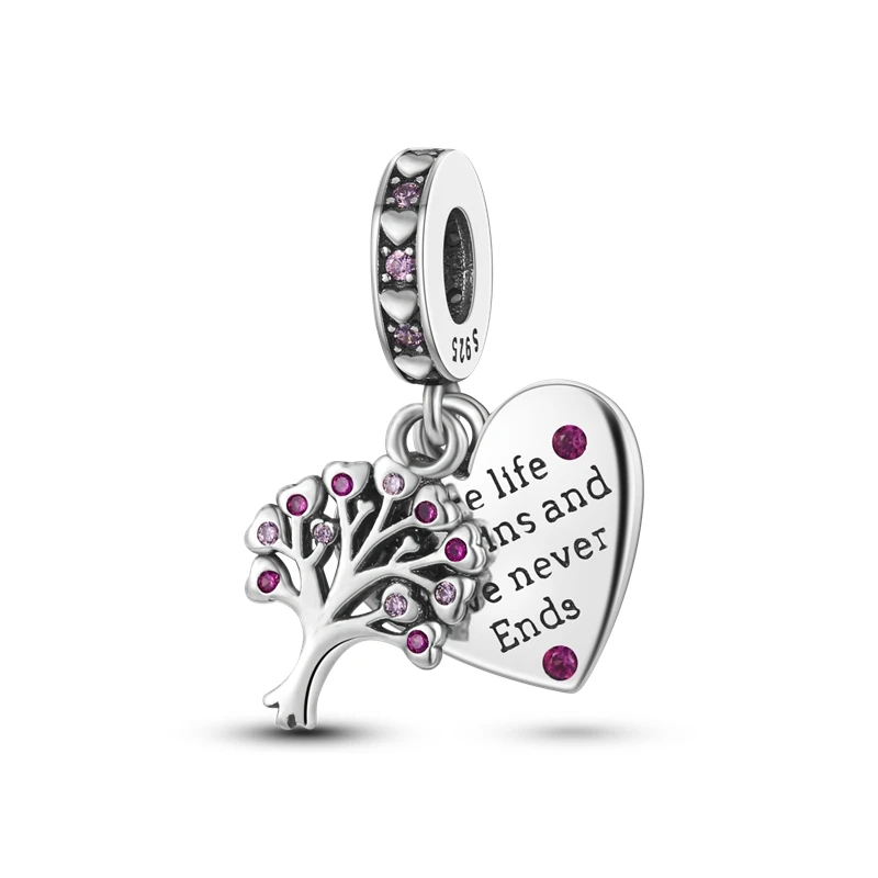 Colgante de cuentas redondas de corazón de árbol genealógico de Plata de Ley 925 Original, dijes para pulsera Pan, collar, regalo de joyería DIY para mujer