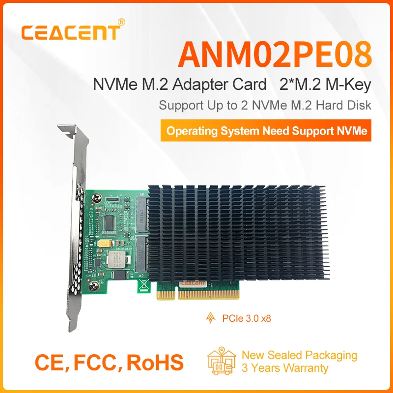 

CEACENT ANM02PE08 NVMe Controller 2 Port M.2 M-key Connector, PCI-E 3.0 x8 Support 2*NVMe M.2 SSD in 2242/2260/2280/22110 Size