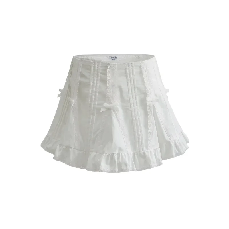 

Women High Waist Bow Sweet White Lace Trim Cotton Mini Skirt with Shorts