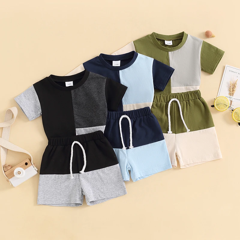 

2024-03-20 Lioraitiin Toddler Baby Boys Clothes Set Contrast Color Short Sleeve T-shirt with Elastic Waist Shorts Summer Outfit