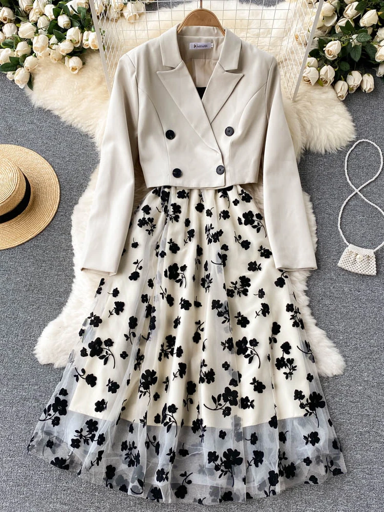 French Style Elegant Two Piece Sets Women Double Breasted Blazer Jacket + Mesh A-line Long Dress Fashion Korean Outfits