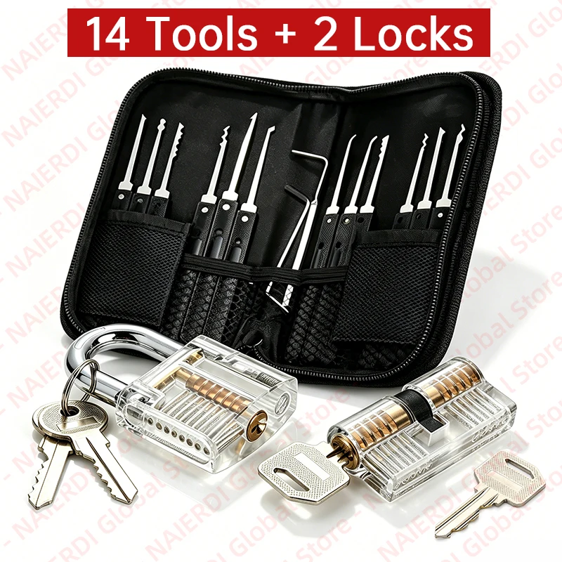 NAIERDI Stainless Steel Lock Maintenance Tools Set Portable Precision Hook Tools Transparent Practice Lock Padlock Locksmith Rep