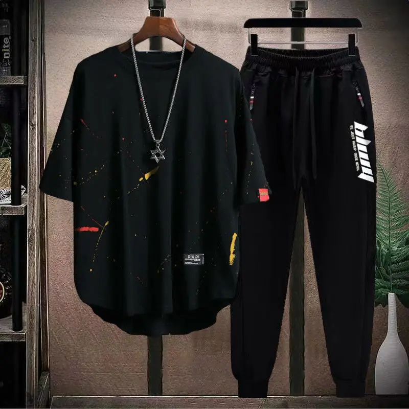 

Oversized Men's Pants Set Nylon Male T Shirt Trousers Sets Novelty in Casual 2 Piece Outfit 2025 Trend Summer Clothes Basic Tee