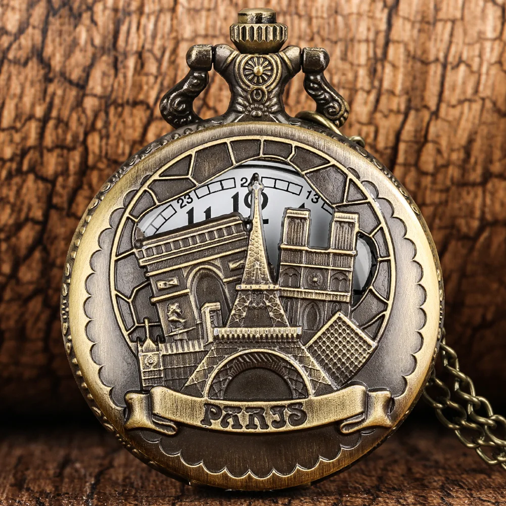 Louvre Eiffel Tower Quartz Pocket Watch Antik Hollow Retro Steampunk Pendant Fob Watch Kalung Jam Rantai Koleksi Hadiah