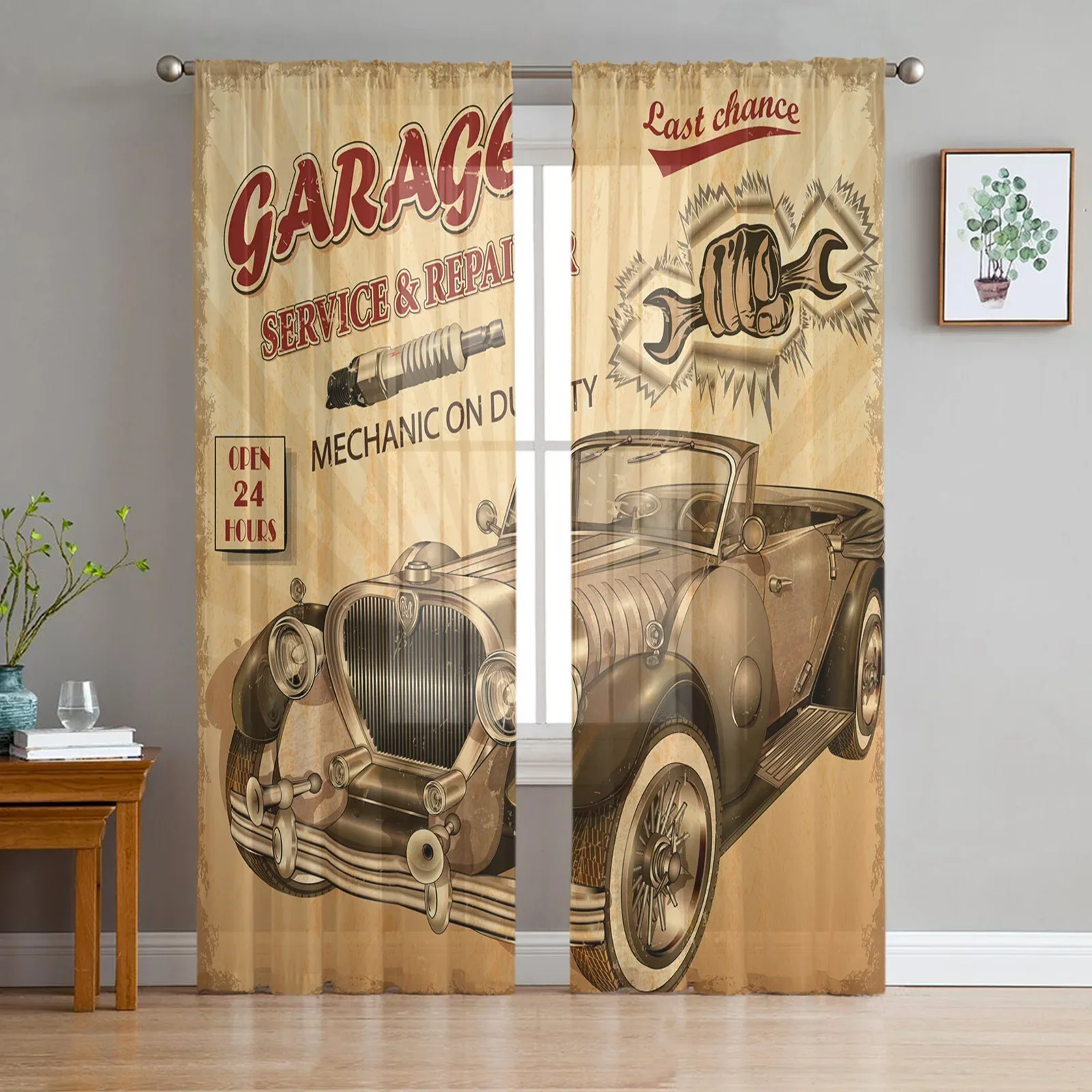 Alphabet Car Machinery Vintage Car Retro Tulle Sheer Window Curtains for Living Room Bedroom Voile Organza Curtains Drapes