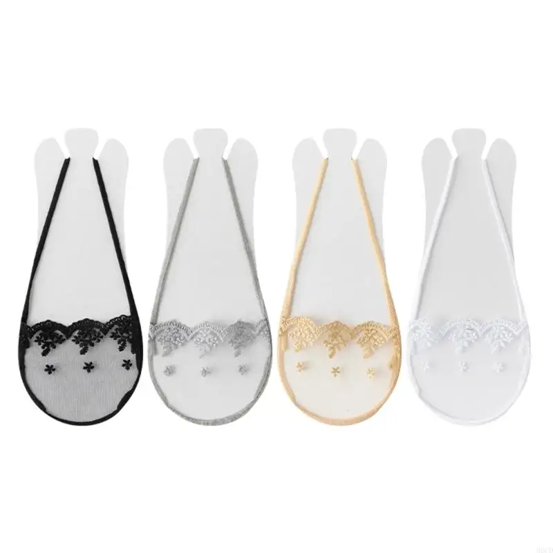 

M6CD Comfort Invisible Socks with Slingback Elastic Strap Lightweight Cotton Flower Lace Half Toe Liner Socks For Dress Shoe