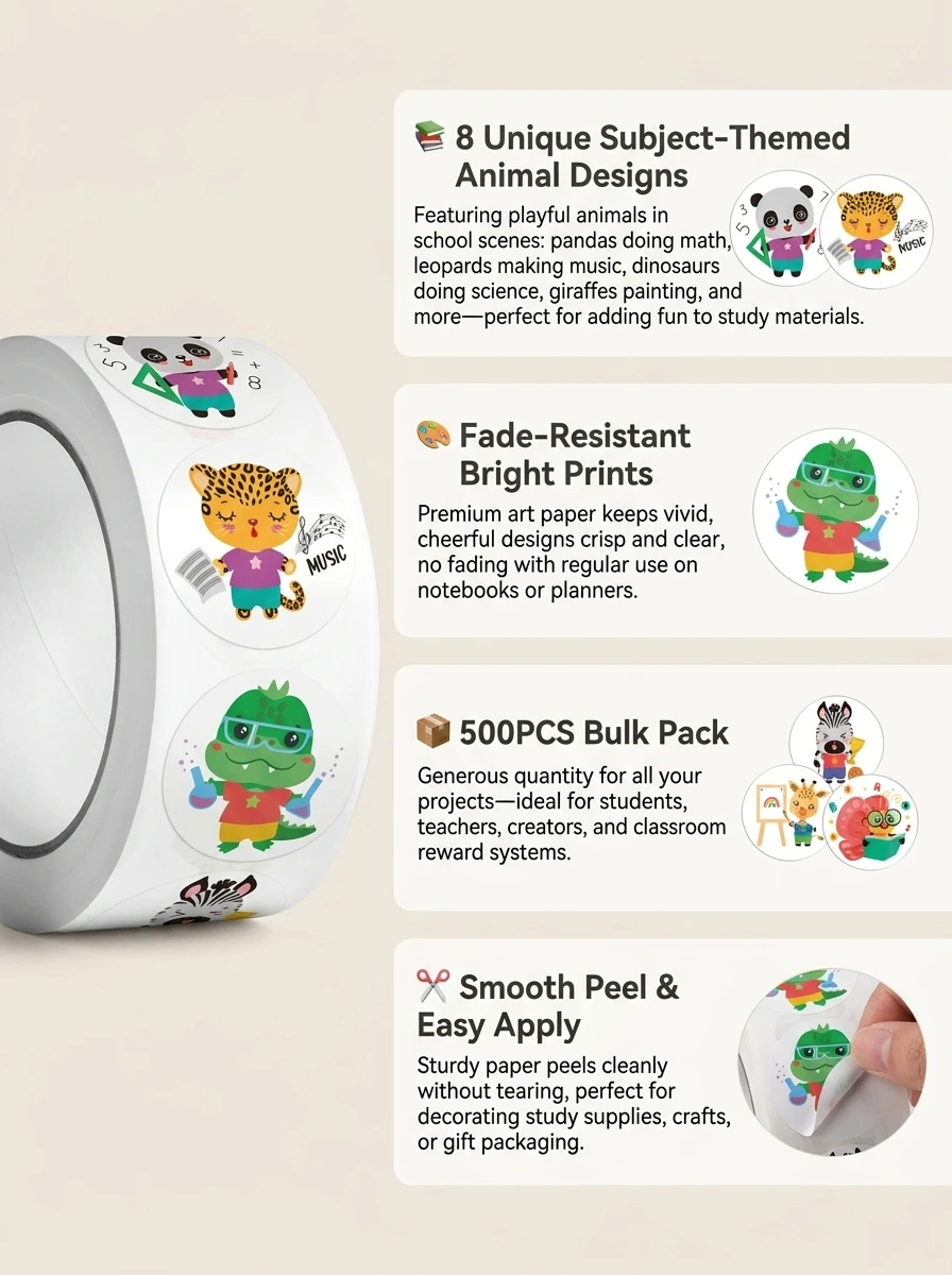 1Roll(500Pcs) Learning Animals Reward Stickers for Students 1.0'' Round 8 Designs Decal Diy Adorn Gifts Package Home Decoration