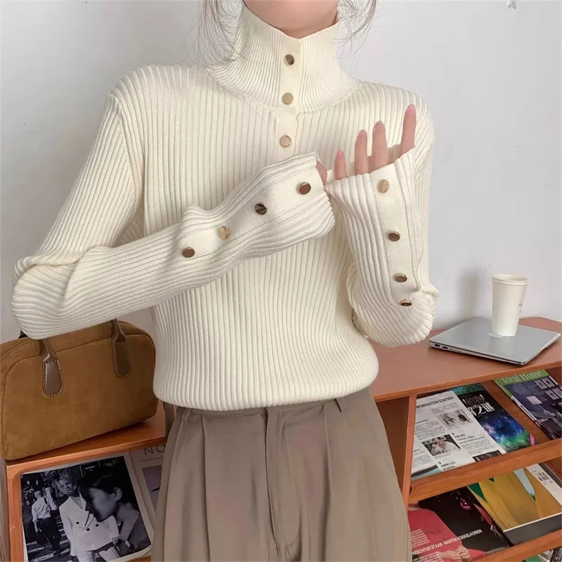Korean Women Large Size 4XL Pullover Knit Autumn Lady Half Open Collar Button Sweater Coat Spring Female Pit Stripe Knitwear Top