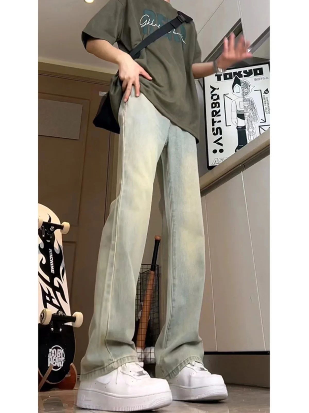 

Cleanfit Yellow Mud Color Men's Jeans Summer High Rise Slimming Micro Flared Straight Leg Pants Youthful Trendy Wear Resistant