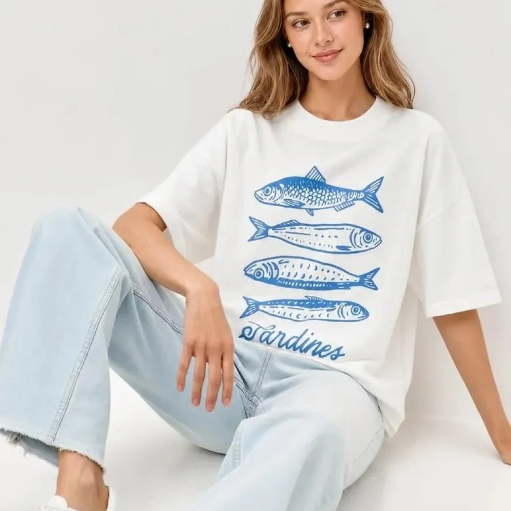 Casual Cotton T Shirt Summer Loose Fit Ocean Fish Print Short Sleeve Round Neck Breathable Soft Trendy Stylish Tee