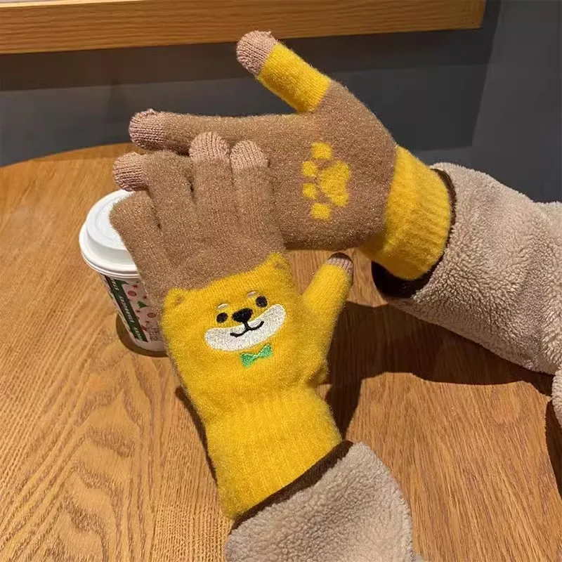 

Winter Dog Printed Gloves for Women Men's Thick Warm Soft Fluffy Knit Mittens for Mobile Phone TouchScreen Mittens Gloves