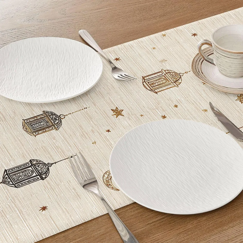 

Vintage Ramadan Table Runner Floral Pattern Washable Moon Star Table Runner Traditional Islamic Table Flag Wedding