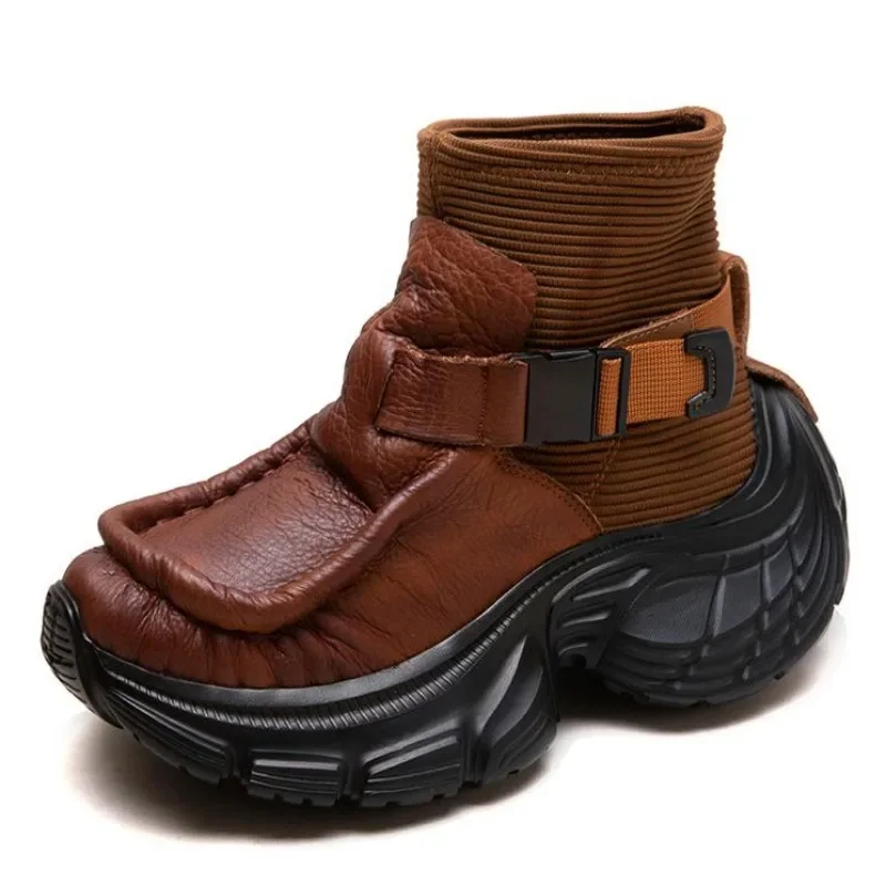 

6.5CM British Ankle Booties Stretch Sock Women Autumn Platform Wedge Genuine Leather Shoes Spring Plush Knitting Boots