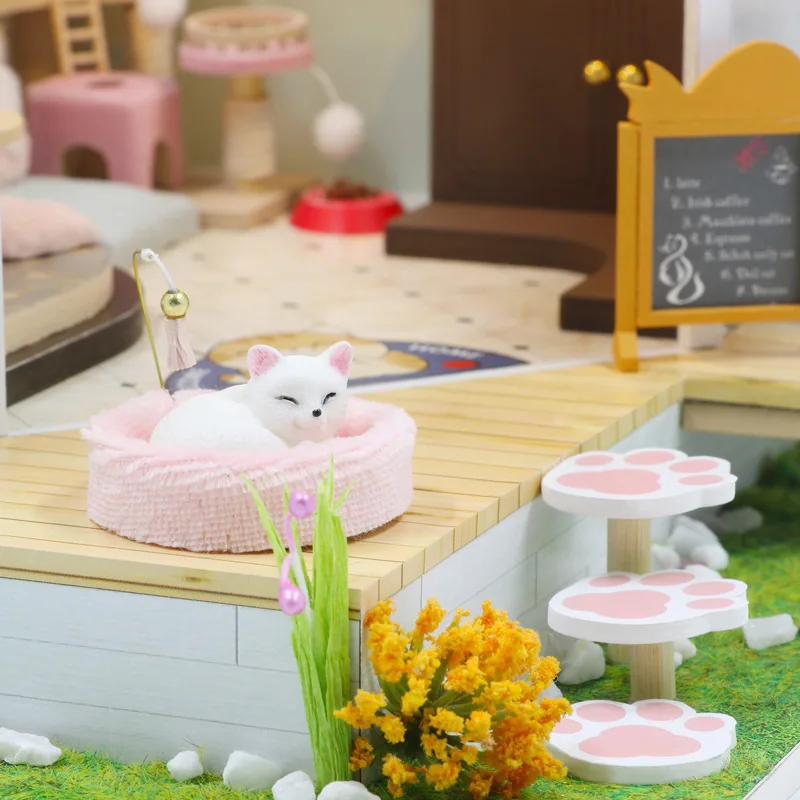 OUZEY Cozy Cat Cafe Puppenhaus DIY, 3D-Holzminiatur mit LED-Leuchten, Geburtstagsgeschenk für Teenager-Mädchen