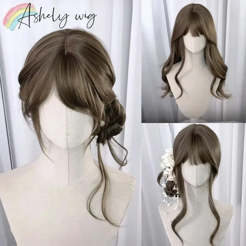 Perruque synthétique marron thé au lait avec frange, cheveux longs et ondulés pour femmes, perruque Lolita douce élégance japonaise, bandeau