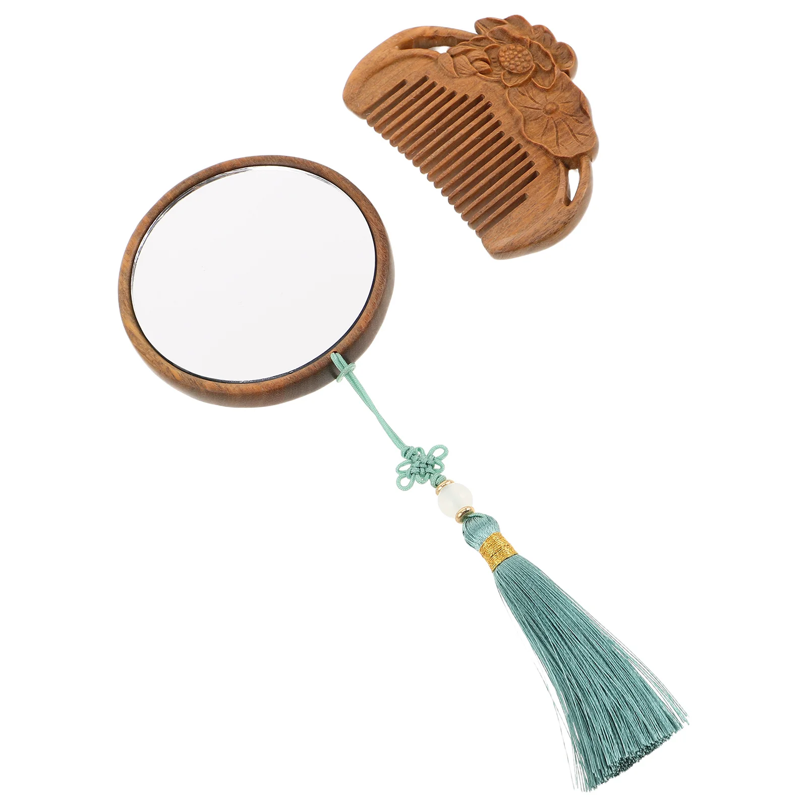 Ensemble peigne et miroir en bois Vintage, 1 ensemble, miroir de voyage élégant sculpté à la main avec pompon, Design lisse et résistant à l'électricité statique