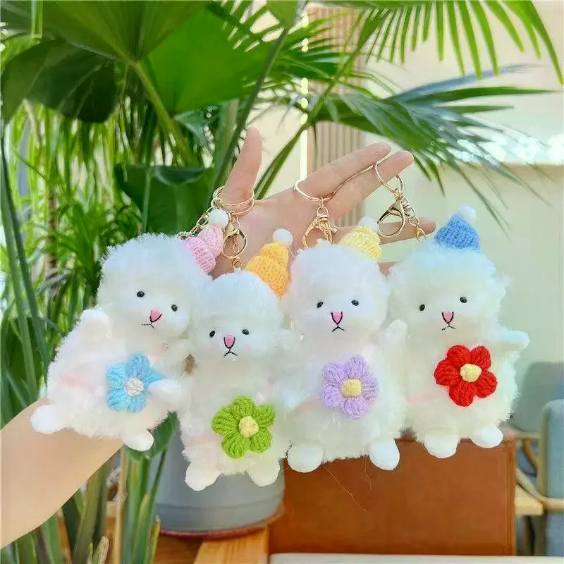 Cute White Fluffy Sheep Plush Keychain Soft Stuffed Toy with Bell Backpack Pendant Easter Gift for Kids Girls Boys