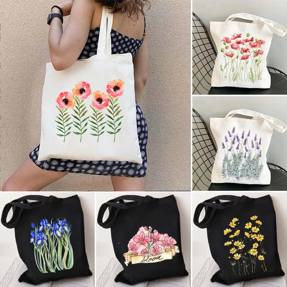 Cosmos Flower Daisy Cornflower Iris Lavender Pink Blue Yellow Poppy Sakura Lilac Women Canvas Shopper Totes Bag Shopping Handbag