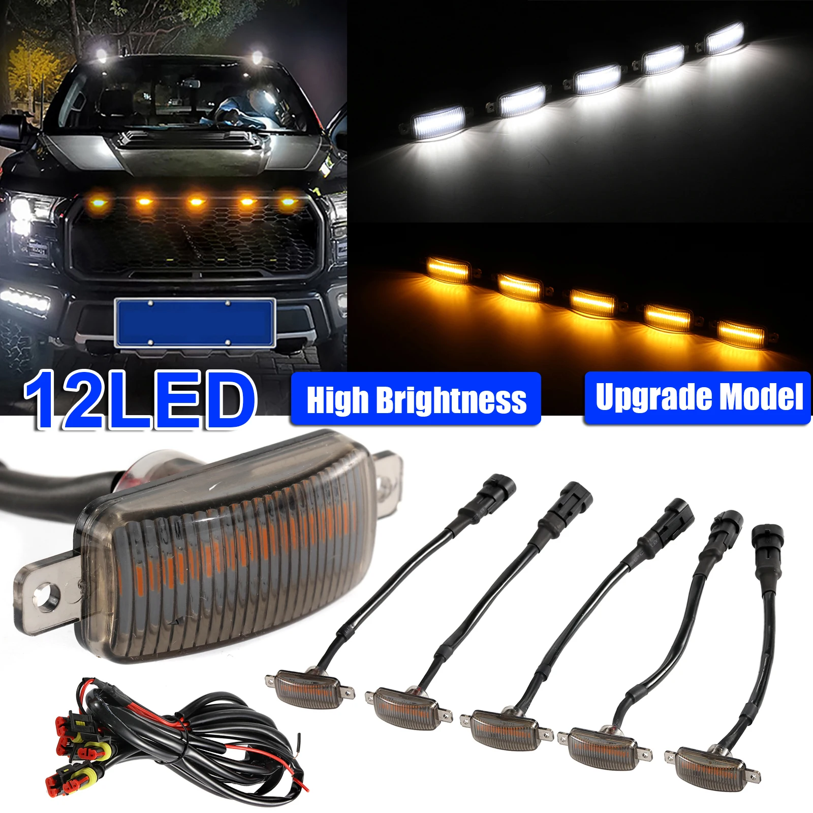 Universal Car LED Grille Light Smoked Amber White 12LED Grill Light Lighting Eagle Eye Lamp for Off Road Trunk SUV Ford Toyota