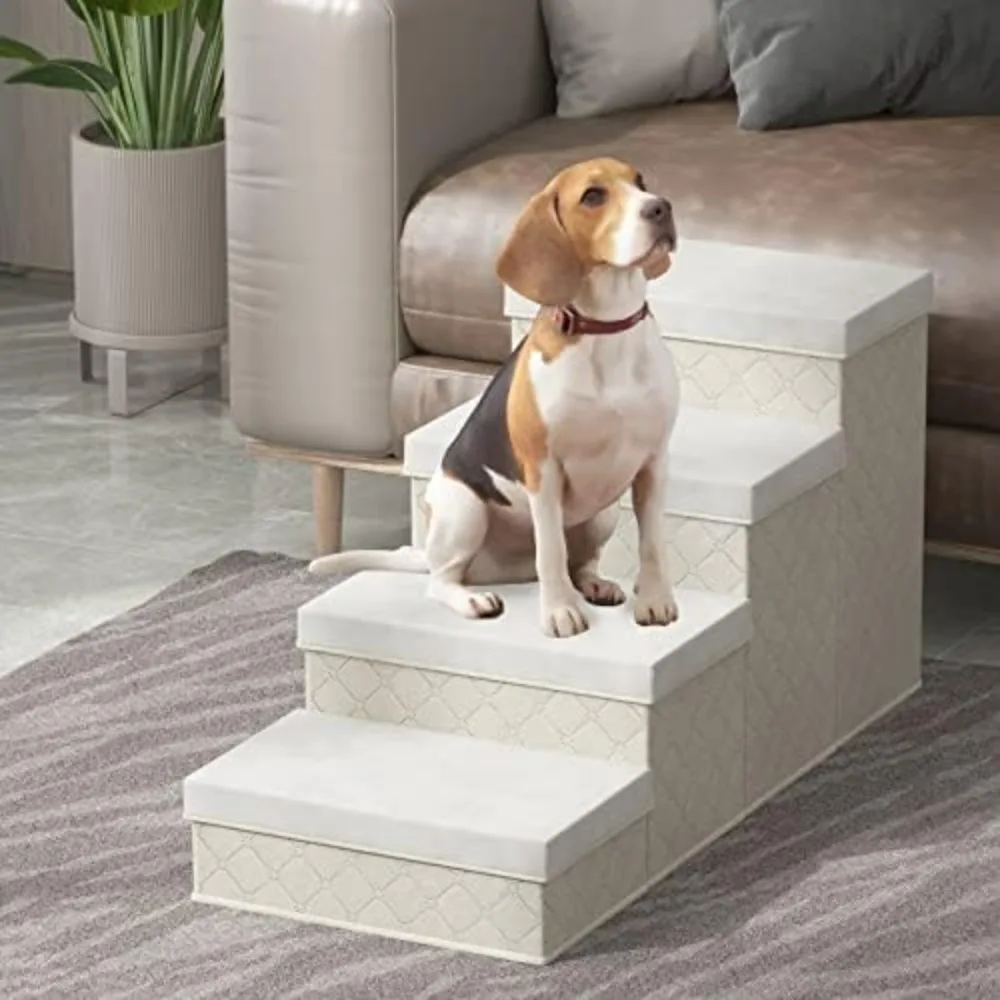 Dog Steps for High Bed or Couch, 4 Steps Foldable Dog Stairs with Storage,Non-Slip Fabric Pet Stairs for Small Medium Large Dogs