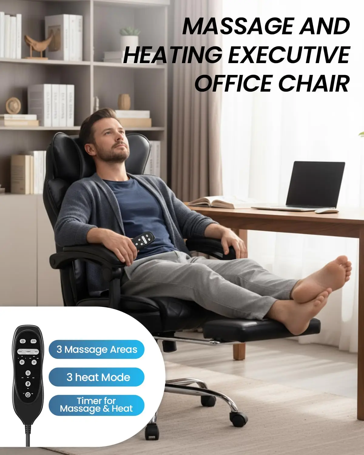 Massage Chair with Footrest, 6-Point Vibration & Heat, Ergonomic Reclining Desk Chair for Heavy People, 22