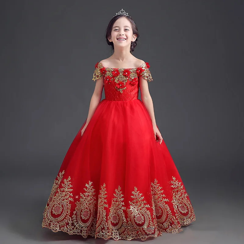 

New Kids Red Gown Puffy Tulle Girls Piano Performance Dress Children Birthday Princess Flower Girl Wedding Formal Celebration