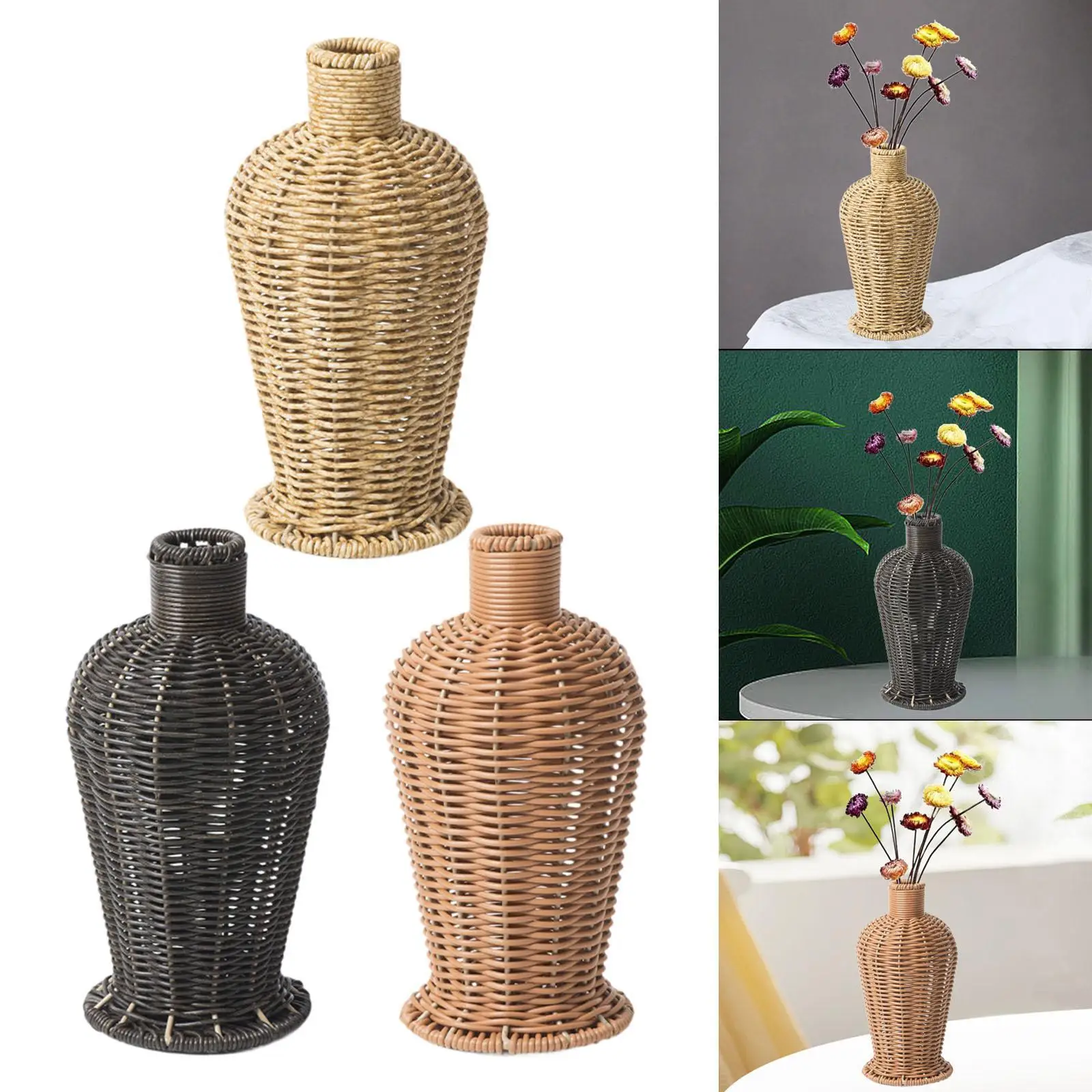 Simulated Rattan Flower Vase 12x23cm Decorative Rustic Tabletop Ornament for Balcony Garden Decor Sturdy Versatile Lightweight