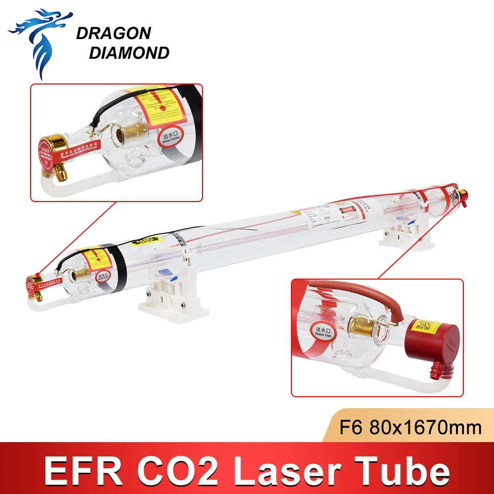 Tubo Láser de CO2 EFR F6 130W-150W, Tubo de Vidrio con Cabezal Metálico, Longitud 1670mm, Diámetro 80mm, para Máquina de Grabado y Corte Láser de CO2
