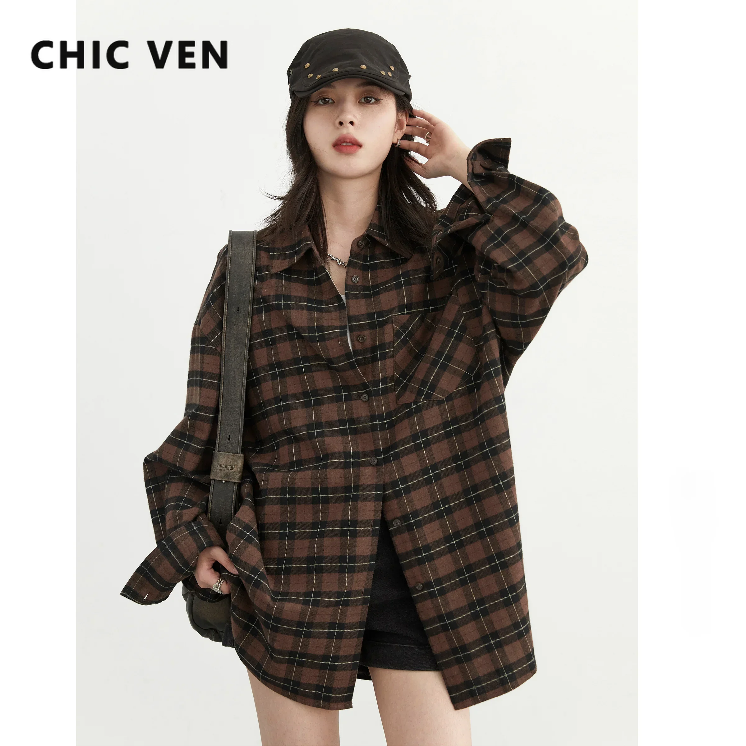 

CHIC VEN Women Shirt Loose New Retro Cotton Grinding Plaid Shirt Top Female Blouses BF Style Woman Tops Spring Autumn 2024