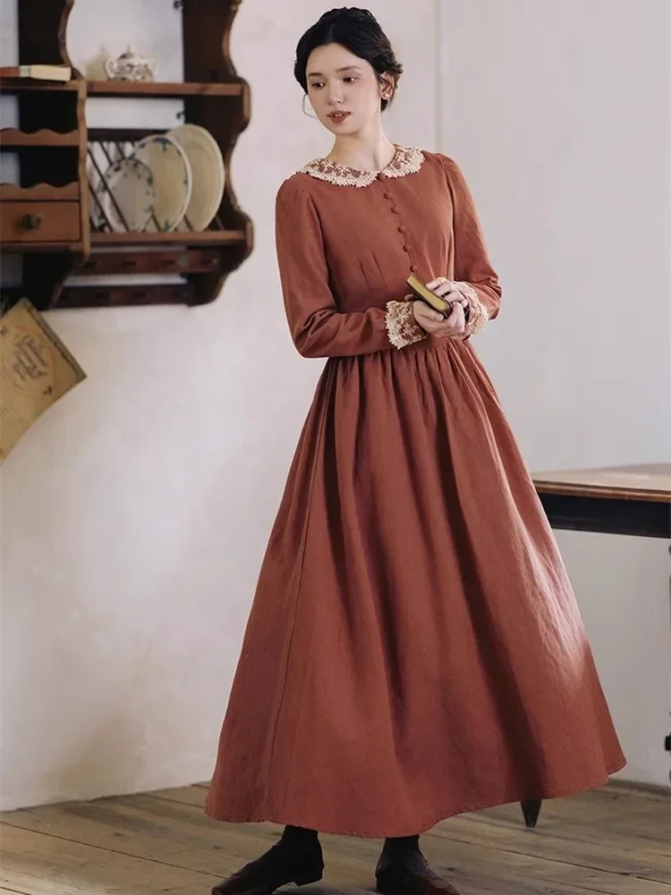 84-96 سنتيمتر التمثال SpringFall فساتين النساء خمر أنيقة ضئيلة الدانتيل بيتر بان طوق كم طويل لينة مريحة فستان قطن رامي