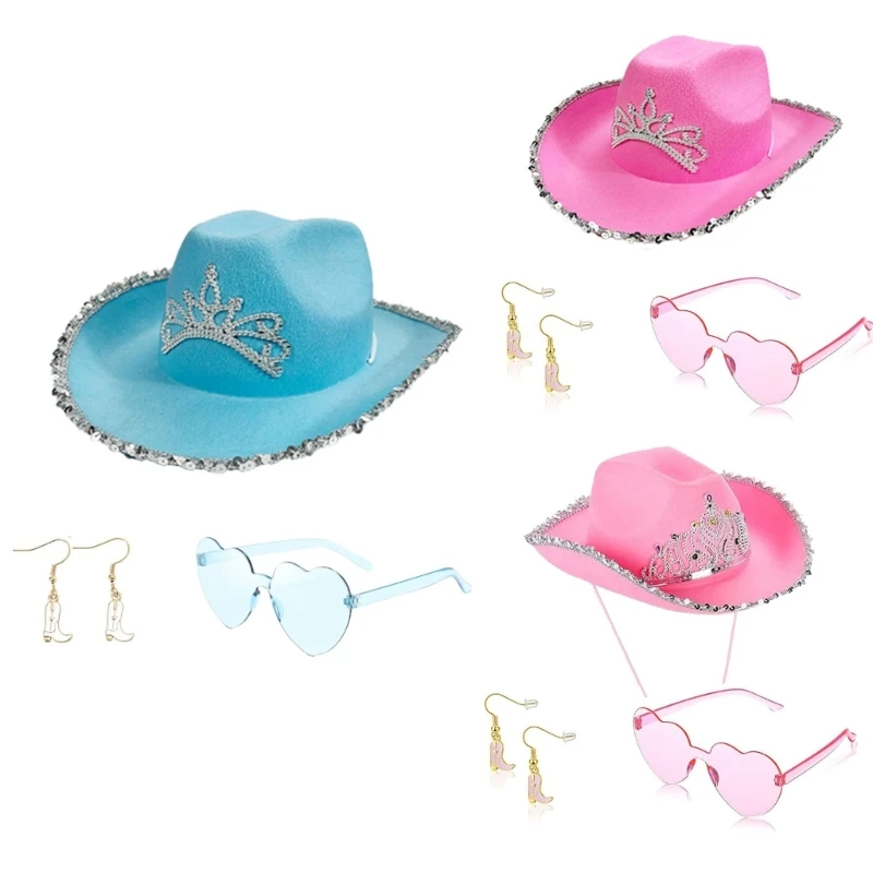 3pcs Carnivals Cowgirl Hat with Earring+Heart Sunglasses Set for Masquerades Drop Shipping