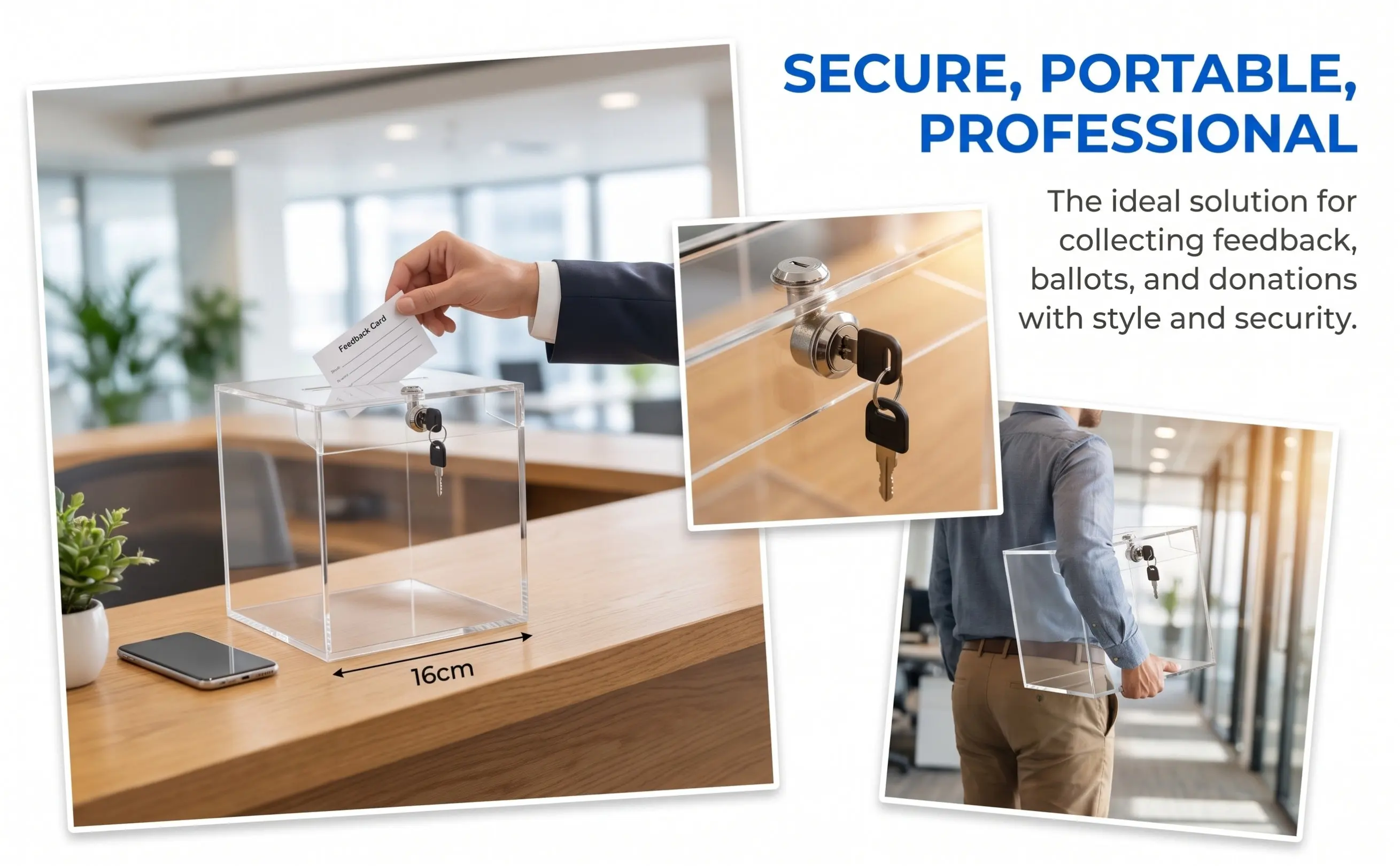 Transparent Acrylic Suggestion Box Ballot Donation Case Lockable Raffle Ticket Money Collection Holder for Fundraising Office