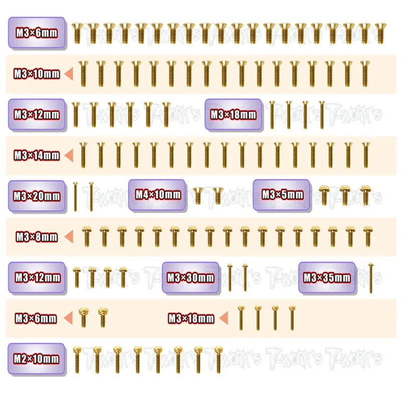 

Original T works GSS-MID Gold Plated Steel Screw Set 109pcs. ( For Kyosho Optima MID )ssional Rc part