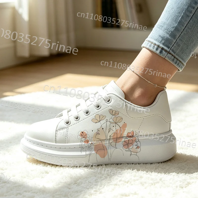 New Minimalist Floral Line Art Print Outdoor Ladies Thick Sole White Sneakers Lace Up Fashion Exclusive Walking Shoes