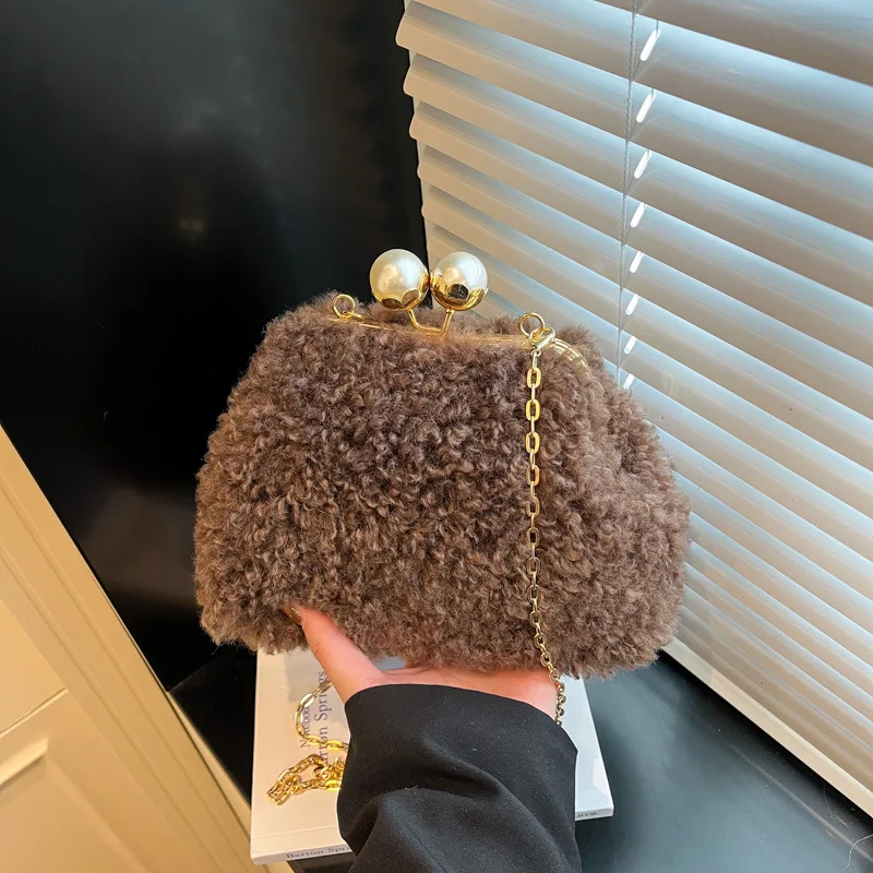 

Plush Frame Bags For Women Winter New Pearl Furry Crossbody Shoulder Bags Solid Fur Luxury Handbag Soft Fluffy Bags Korean