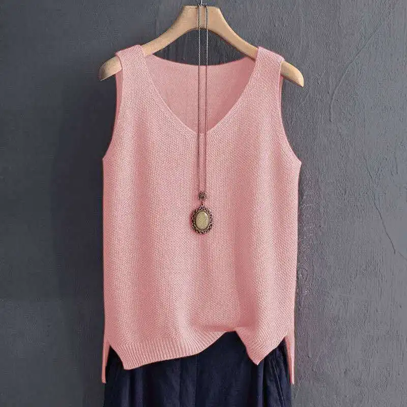 40-100Kg Women Clothing Casual Loose Oversized Solid Sweater Vest Summer Knit Ice Silk T-shirt Chic Sleeveless All-match Tops